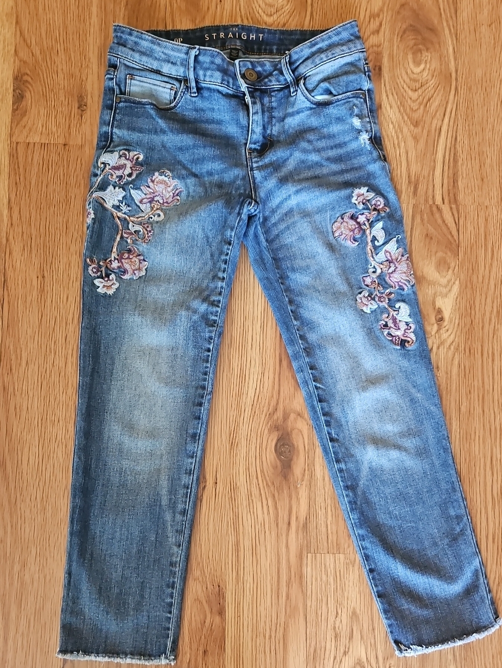 White House Black Market Blue Straight-Leg Jeans with Pink Floral Embroidery